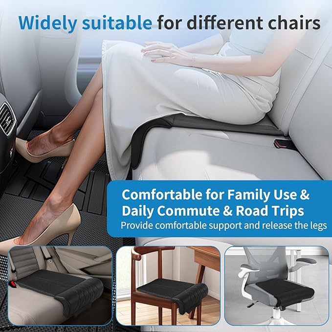 Car Seat Leg Extender Support Cushion, Leather Leg Rest Pad Breathable Perforations & Memory Foam, Anti-Wrinkle Surface Universal Car Seat Cushions Fit for Car Office Chair, Black