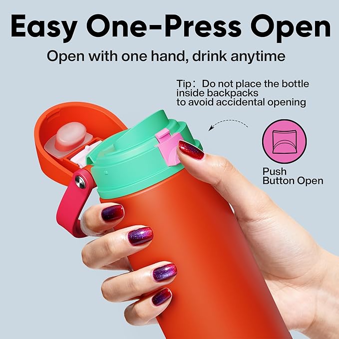 Insulated Water Bottle with Straw - Encool Stainless Steel Water Bottle with Push Button Lid, Leak-Proof & BPA-Free, Keeps Cold for 24 Hours for Sports, Travel, Gym (24 oz, Grapefruit Red)