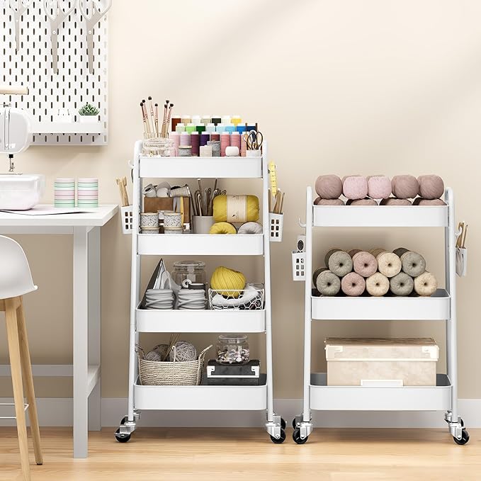 TOOLF 4 Tier Rolling Cart with Pegboard, Metal Storage Organizer Cart with Wheels, Hooks & Bins Esthetician Craft Art Sturdy Storage for Bathroom, Kitchen, Office, Nursery Diaper