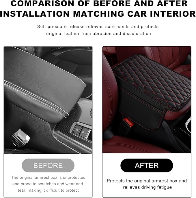 Car Center Console Cover, Waterproof Leather Arm Rest Cushion Pad with 2 Storage Bags, Anti-Scratch Armrest Seat Box Protector Interior Accessories for Most Vehicles (Black & Red)