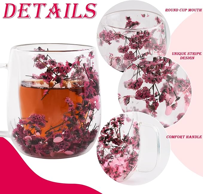 Real Flower Glass Tea Cup, Double Wall Borosilicate Coffee Mug with Preserved Flowers, Clear Aesthetic Floral Glassware, Romantic Gift for Women, Mom, Girlfriend, Mother’s Day & Women’s Day
