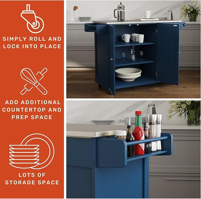 Homestyles Mobile Kitchen Island Cart with Stainless Steel Top, Blue