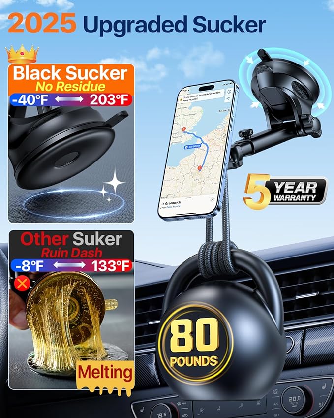 【Military-Grade】HTU for MagSafe Car Mount【Upgraded Strongest Suction】Magnetic Phone Holder Cell Stand for Dashboard Windshield Vent,Truck Cradle for iPhone 17 Pro Max 16 15 14 13 12 Tesla,Neutral Gray