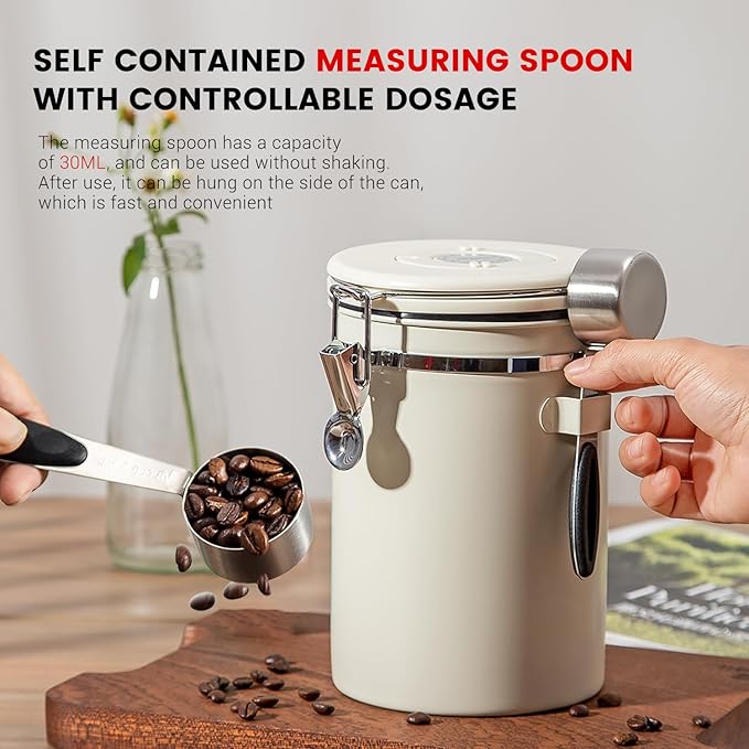 Airtight Coffee Container with Date Tracker & Spoon - Kitchen Storage Jar for Coffee Grounds, Cereal, Beans, Sugar (Beige, 24OZ)