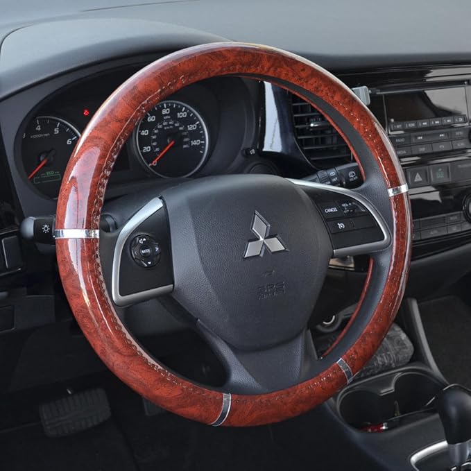 BDK Dark Wood Grain Car Steering Wheel Cover, Standard 15 inch Size, Made to Fit Most Auto Truck Van SUV