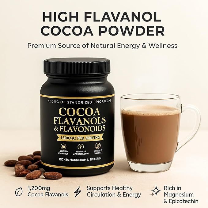 High Flavanol Cocoa Powder – Premium Cocoa Flavanols, Flavonoids & Epicatechin Blend for Supports Circulation, Energy & Overall Wellness, Circulation & Natural Energy – Vegan, Non-GMO, Sugar-Free, 7.05oz, Magnesium Rich
