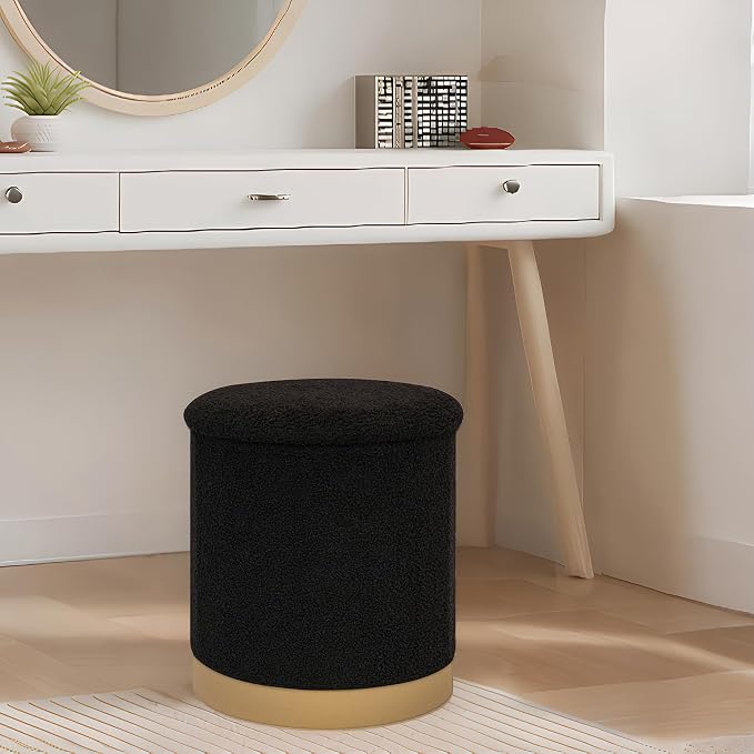 B FSOBEIIALEO Ottoman with Stroage, Round Boucle Storage Ottoman with Gold Plating Base,Foot Rest Stool for Dorm Room, Living Room Black, 14.76"x14.76"x16.34"