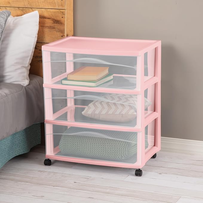 Sterilite 3 Pack Wide 3 Drawer Storage Cart, Rolling Organization, Pink | Clear Plastic Organizer Drawers with Wheels for Craft Supplies, Bath Essentials, or Home Accessories