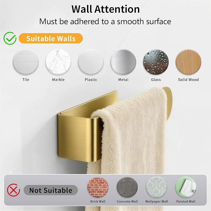 Bethom 2 Pack Gold Hand Towel Holder, 8 Inch Square Adhesive for Kitchen | Self Adhesive Towel Bars Stick on Wall, Hand Towel Racks for Bathroom, RV, BBQ Grill, Aluminum