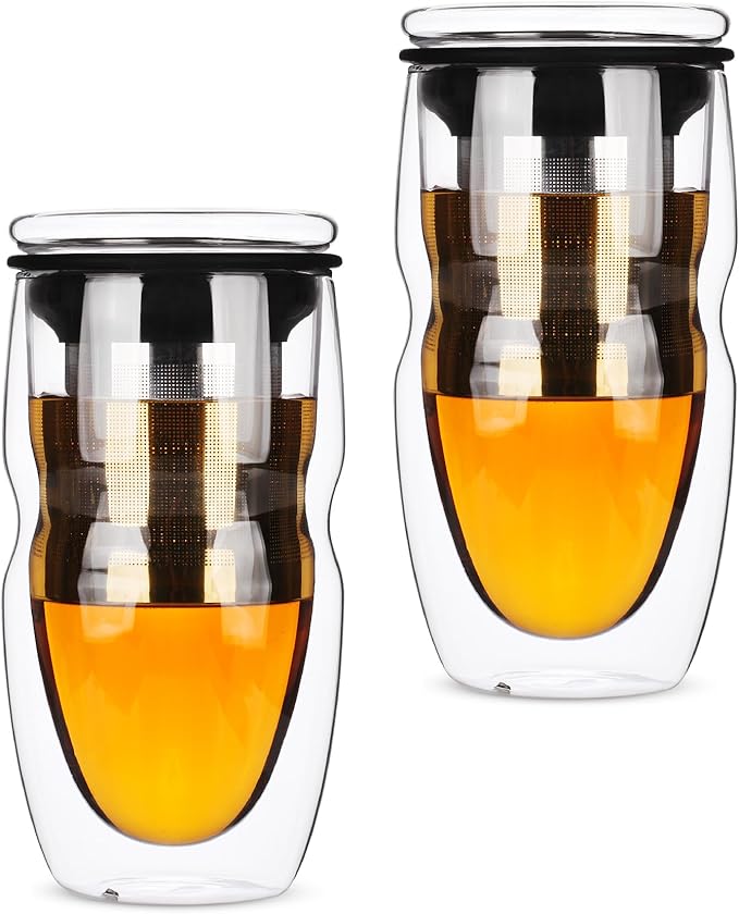 BTaT- Double Wall Glass Tea Cup With Stainless Steel Infuser and Lid, 16 oz, 2 Pack, Borosilicate Glass Tea Mug Infuser, Gifts for Tea Lovers
