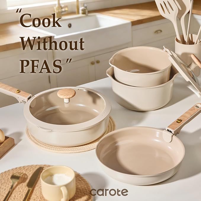 CAROTE 25 Pcs Ceramic Cookware Sets, Pots and Pans Set Non Stick, Detachable Handle, Induction & Oven Safe, Stackable Space - 70% Saving, Cookware Non Stick Cooking Set, Taupe (PFOS, PFOA Free)