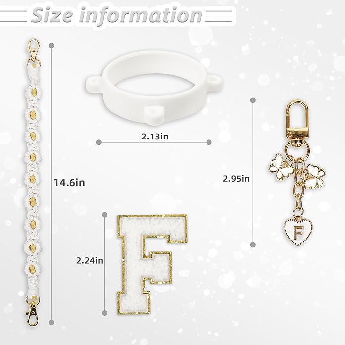 Compatible with Owala Water Bottle Accessories, Cute Letter Charm Set with Boho Handle Strap, Monogram Sticker, Silicone Ring, Keychain Decoration, for FreeSip 24 32 40oz, Owala Kids, Tumbler Gift
