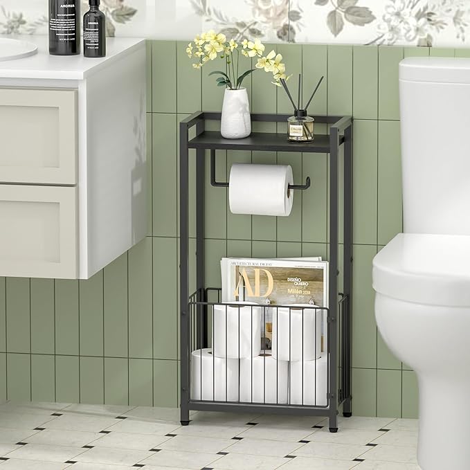 Freestanding Toilet Paper Holder with Storage Shelf – Bathroom Tissue Stand with Space for Phone, Tablet, and Magazines – All-in-One Toilet Roll Dispenser and Organizer