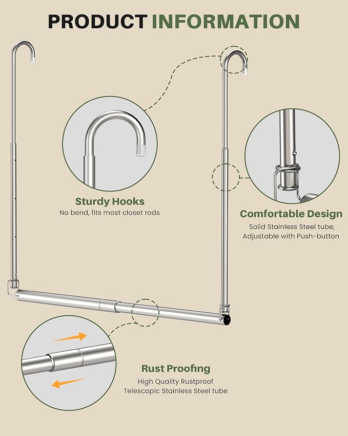 Hanging Closet Rod, 2 Pack Adjustable Height & Width Closet Rods for Hanging Clothes-Closet Extender Hanging Rod Space-Maximizing Design Suitable for Hanging and Drying Clothes, Silver