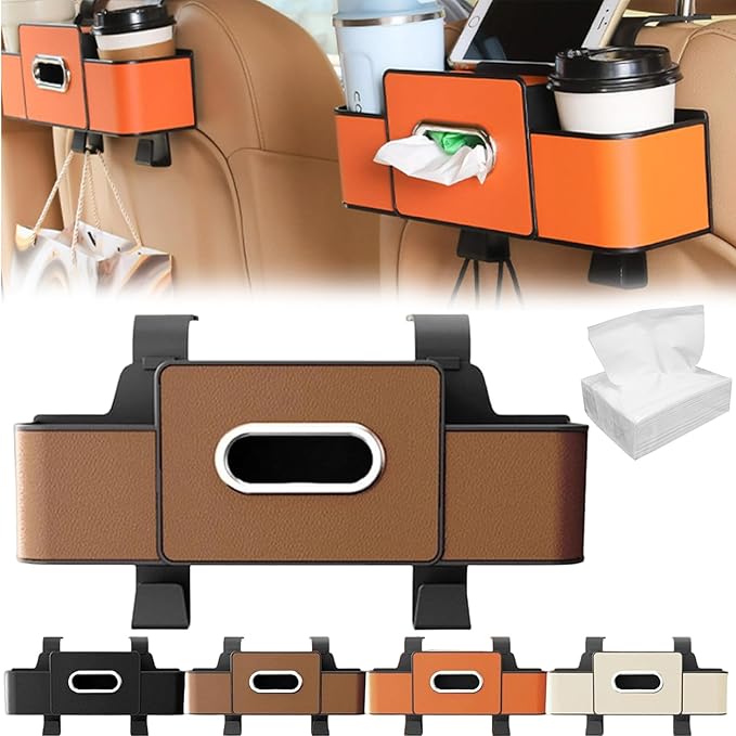 3-in-1 Car Backseat Organizer for SUV & Sedan - Multi-Functional Storage with Cup Holder, Tissue Box & Trash Bag | Includes 1 Pack of 100 Tissues | Holds Phone, Snacks, Drinks (Brown)