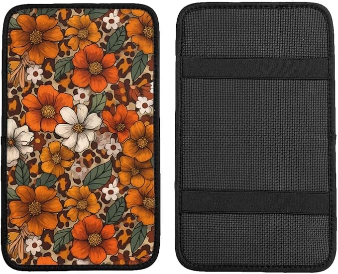 Brown Floral Center Console Cover Boho Hippie Daisy Cute Armrest Covers Soft Cozy Protector Interior Middle Console Lid Cover Pad Leopard Vintage Arm Rest Covers