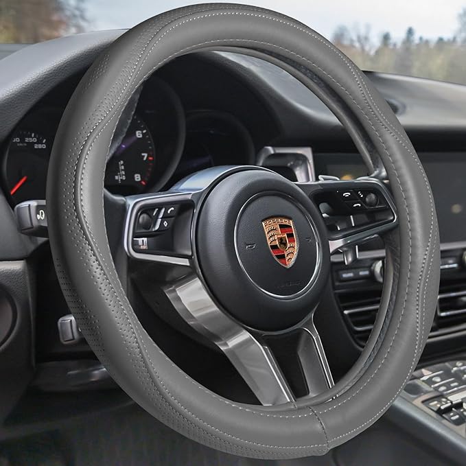 HAOKAY Top Grade Gray Genuine Leather Steering Wheel Cover Men Women, Luxury Steering Wheel Cover for Cars, SUVS and Trucks, Universal 14.5-15 inch