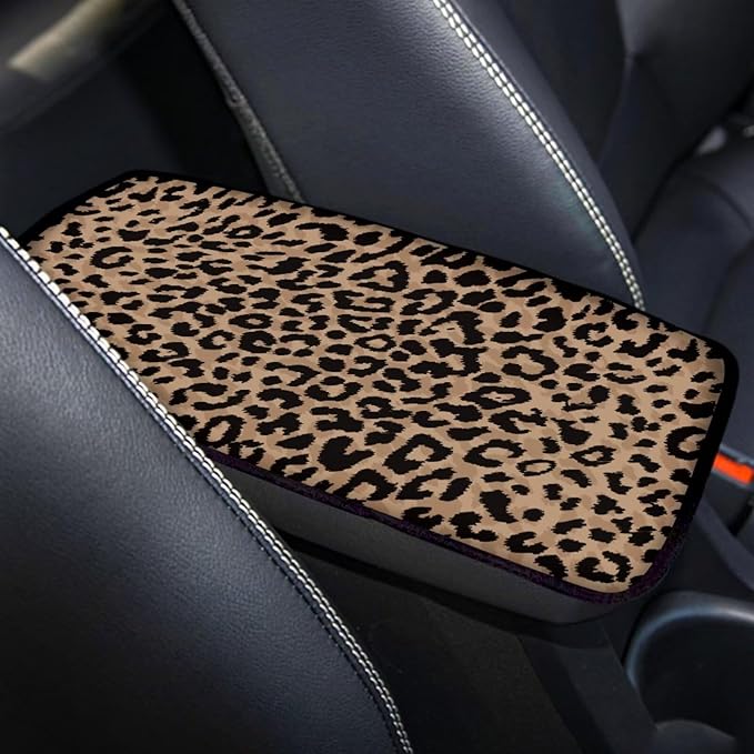 Brown Leopard Print Center Console Cover Soft Arm Rest Cover for Most Car,SUV,Universal Leopard Car Accessories