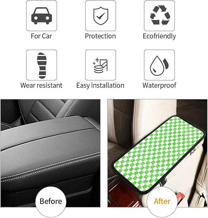 Glitter Green White Checkered Chessboard Flag Car Armrest Pad Cute Cars Center Console Cover Auto Handrail Box Cushion Armrests Cover