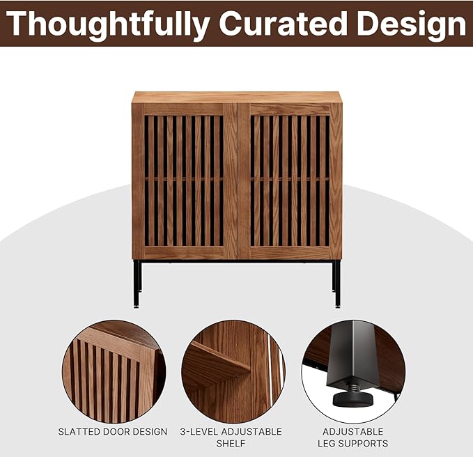 Storage Cabinet, Modern Coffee Bar with Adjustable Shelf and Metal Base, 32 Inch Wood Multifunctional Console Table for Kitchen, Living Room, Entryway, Brown