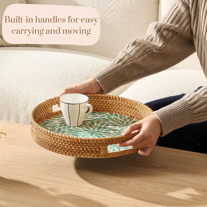 YANGQIHOME Round Rattan Tray with Handle, Mother of Pearl Inlay Decorative Wicker Basket for Coffee, Bread, Fruits, Serving Tray for Home Decor, Blue Flower