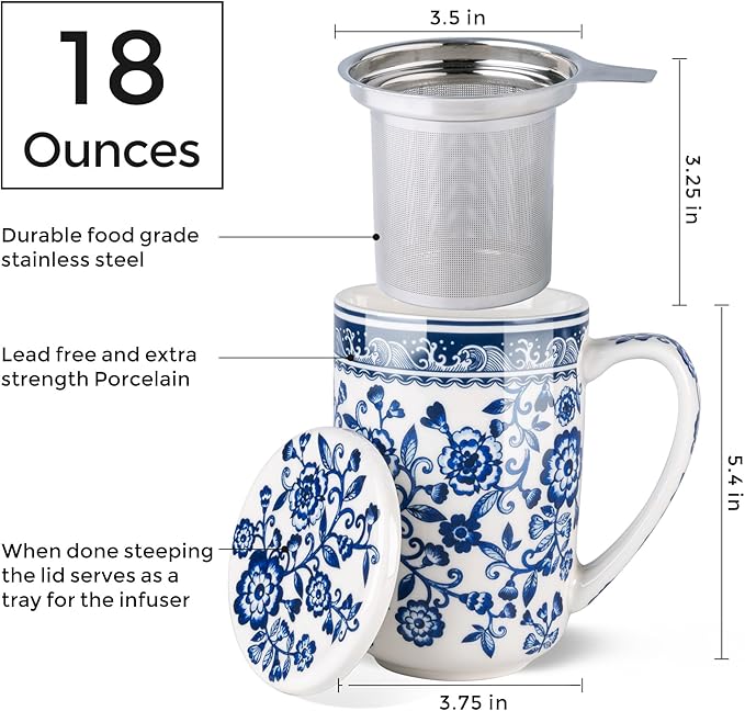 AmorArc Porcelain Tea Mug with Infuser and Lids, 18 Oz Coffee Cup Strainer with Bag Holder for Loose Leaf Tea, Steeping Coffee Mug for House-warming Wedding Birthday Gift