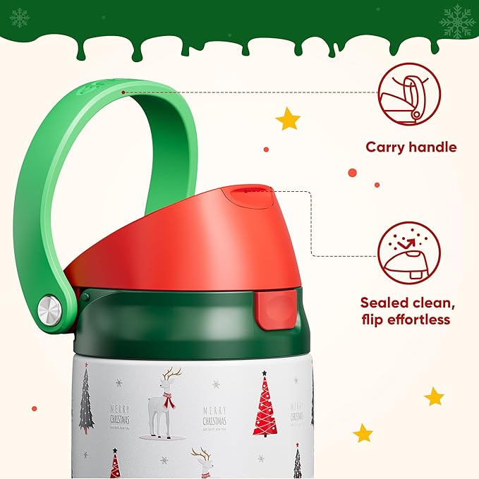 ENCOOL Christmas SwiftSip Insulated Water Bottle with Straw, Stainless Steel Water Bottle, Leak Proof BPA-Free, Keeps Cold for 24 Hours for Sports, Christmas Holiday Gifts for Women, 24oz, Nordic Noel