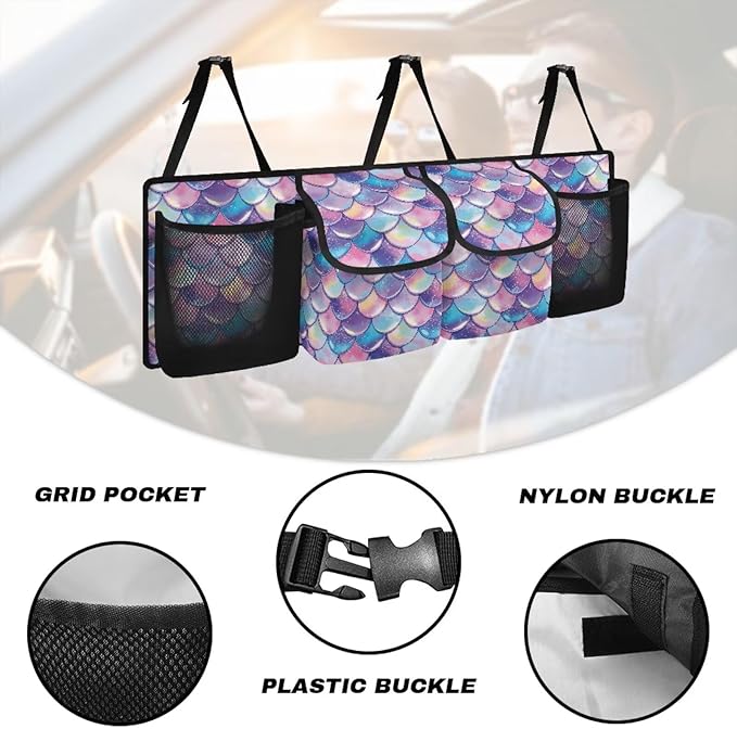 CLOHOMIN Colorful Fish Scale Car Trunk Organizer for Sedan Truck SUV Van Back Seat Storage with 4 Pockets Hanging Car Cargo Trunk Storage Organizer Bag