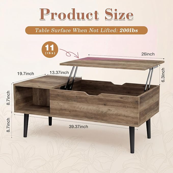 Sweetcrispy Coffee Table Lift Top Coffee Tables for Living Room,Small Rising Wooden Center Tables with Storage Shelf and Hidden Compartment, Grey