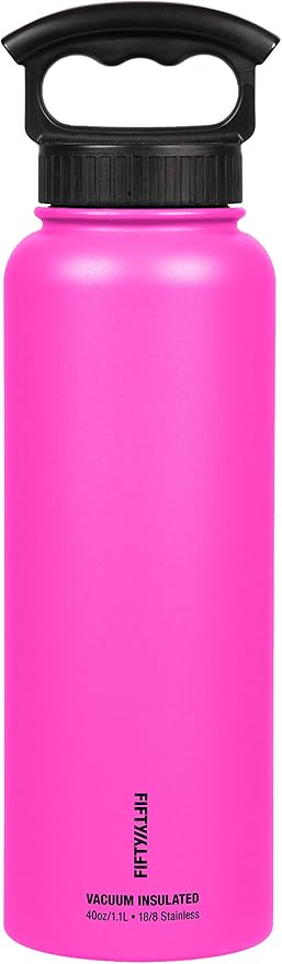 FIFTY/FIFTY Double Wall Vacuum Insulated Water Bottle, Stainless Steel, Wide Mouth with Three Finger Cap