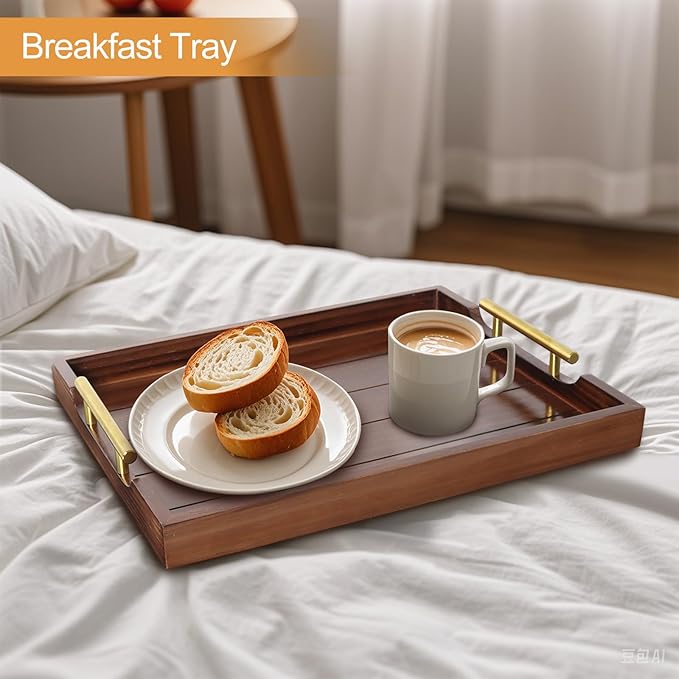 Ottoman Tray, Large Wooden Serving Tray with 2 Sets of Handles for Coffee Table, Rustic Living Room Kitchen Decor, 4 Round Coasters Included, Dark Brown