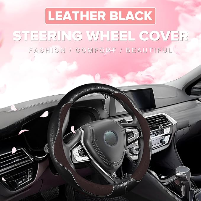 Brown Steering Wheel Cover, Slip-Proof Breathable Comfort PU Imitation Leather Cute Car Accessories for Women Girl, Universal Protector in All Season 15 inch Fit Most Car