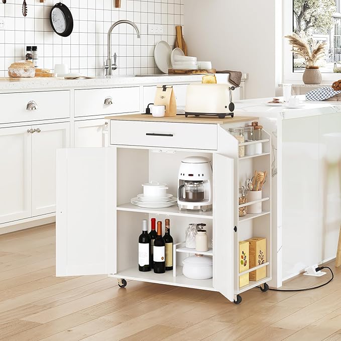 HOOBRO Kitchen Island with Power Outlet, Kitchen Storage Island with Spice Rack and Drawer, Rolling Kitchen on Wheels, for Home, Dining Room, Natural and White WN82UZD01G1