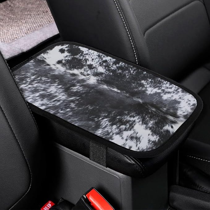 Black and White Cowhide Print Car Center Console Cushion Pad,Waterproof Armrest Seat Box Cover Protector,Comfortable Car Decor Accessories Fit for Most Cars, Vehicles, SUVs