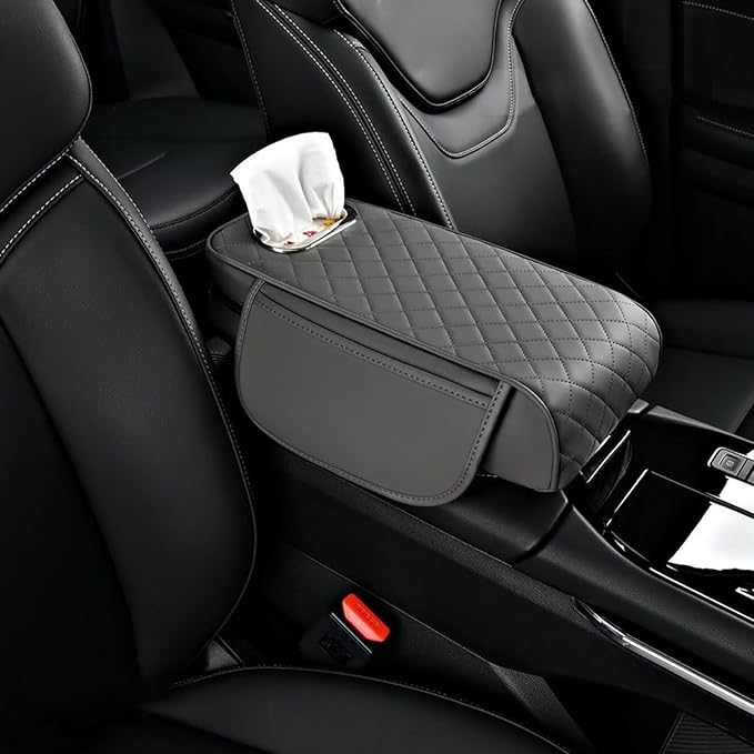 Car Arm Rest Cover Pad for Ford Maverick 2022 2023 2024, Leather Memory Foam Center Console Cushion with 2 Storage Bags and a Tissue Box Universal Car Interior Accessories,B/Gray
