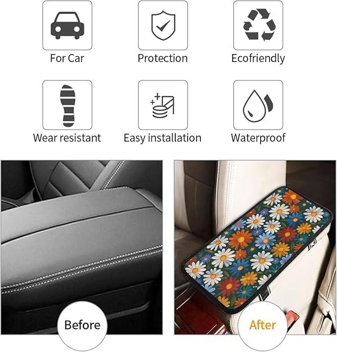 Hippie Floral Car Center Console Armrest Pad Daisy Cute Auto Armrest Seat Box Cover Protector for Vehicle SUV Truck Sedans Universal Car Interior Accessories