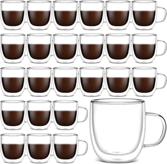 Gerrii Double Walled Glass Coffee Mugs with Handle 10 oz Insulated Borosilicate Glass Cappuccino Mugs Clear Espresso Cups for Home Office Coffee Tea Espresso Latte Milk and Hot Cold Beverages(24 Pack)