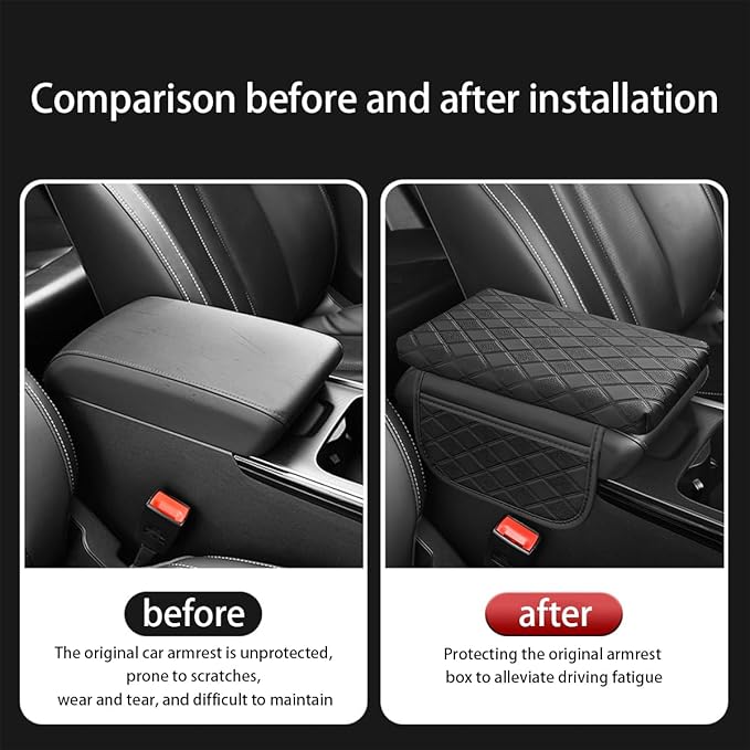 Car Center Console Cover, Leather Vehicle Armrest Pad with 2 Side Storage Bags, Comfortable Auto Interior Middle Console Storage Box Cushion Accessories, Universal for Most Cars (Black-1)
