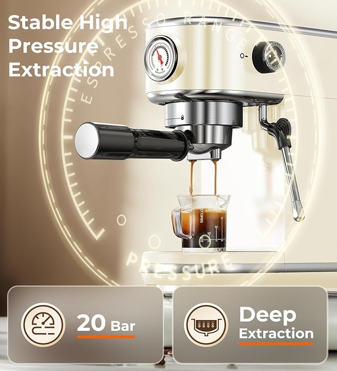 20 Bar Espresso Machine with Milk Frother, Compact Espresso Maker, Stainless Steel Coffee Machine with Precise Temp Control & 44oz Removable Water Tank for Latte, Cappuccino, Creamy White