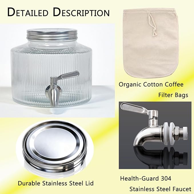 Small Drink Dispenser for the Fridge-2.5L Glass Beverage Dispenser with Leak-Proof Stainless Steel Spigot and Filter Bag Mason Jar Design Perfect for Cold Brew Coffee Iced Tea and Lemonade
