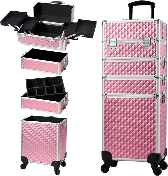 Stagiant Rolling Makeup Train Case Cosmetology Case on Wheels 4 in 1 Large Cosmetic Organizer Box Makeup Travel Case with Key Swivel Wheels Nail Artist Salon Storage Traveling Cart Big Trunk Pink