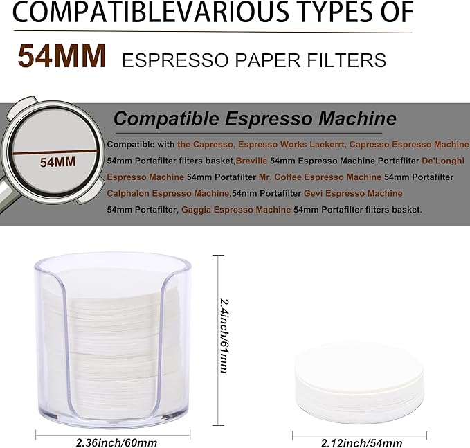 54mm Espresso Paper Filters, 300pcs Disposable Espresso Puck Paper Filters and Filter Storage Holder Compatible with Breville 54mm Portafilters Basket - Keep Shower Screen Clean