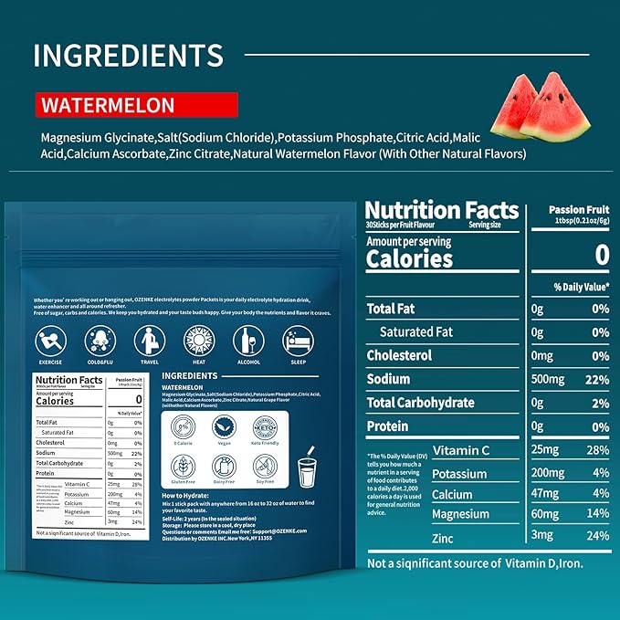 30 Sticks Electrolyte Powder Packets Sugar Free Hydration Packets Electrolytes Drink Mix for Rapid Hydration, Watermelon Flavor