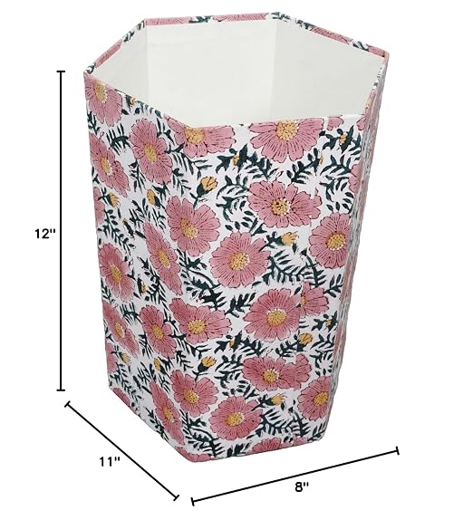 3.3 Gallon Cotton Hand Block Printed Paper Waste Basket |Small Decorative Trash Can for Housewarming Gifts in Living Room, Bedroom, Bathroom | Eco-Friendly, Plastic-Free (1, Green Pink Sun FLOWAR)