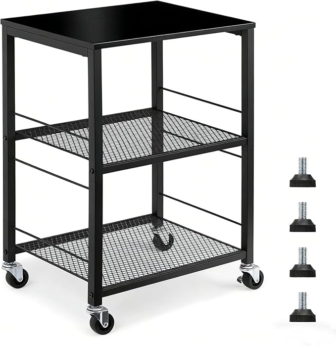 MOOACE 3 Tier End Table with Wheel, Rolling Storage Shelf Side Table Nightstand for Bedroom Kitchen Living Room Office, Stable Metal Frame and Wood Top, Black