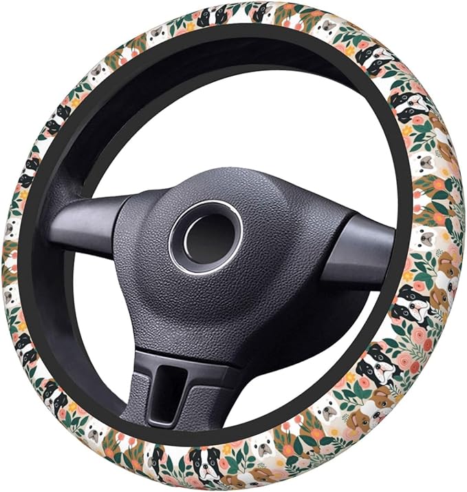 Pit-Bulls Terriers Cute Dogs Neoprene Steering Wheel Covers Women Men Car Accessories, Universal 15 Inch Fit Auto, Suvs, Truck