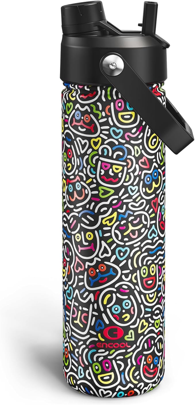 ENCOOL Insulated Water Bottle with Straw Stainless Steel Water Bottle, Leak-Proof, BPA-Free, Double Wall Vacuum Keeps Cold for 24 Hours for Sports, Travel, School (26 oz, Graffiti Faces)