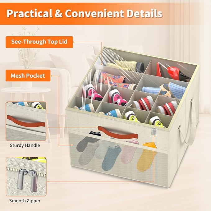 Aokeyee 2 Pack Shoe Organizer for Closet, Foldable Shoe Storage Organizer Box w/Clear Cover and Reinforced Handles, Space Saving Shoes Bin Fits up to 32 Pairs, Beige