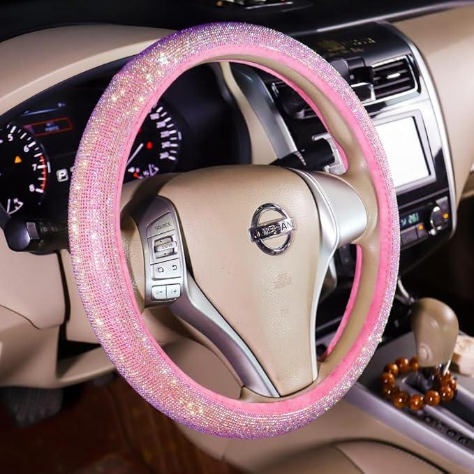 Car Steering Wheel Cover Pink for Women Girls Cute Bling Accessories 15 Inch Universal Colorful Crystal Rhinestone Diamond Rainbow Anti-Slip Wheel Protector