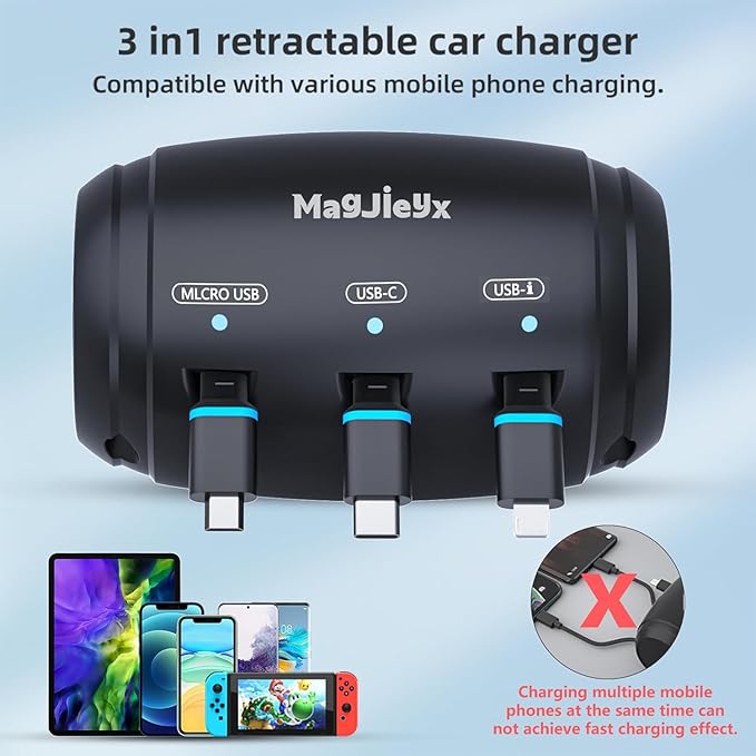 Multi Retractable Car Charger Station, Headrest 3 in 1 Charging Box Share Ride Dock for Backseat with Fast 36W QC 3.0 Charger Adapter for All Phones|iPhone16/15/14|Samsung|iPad|Android